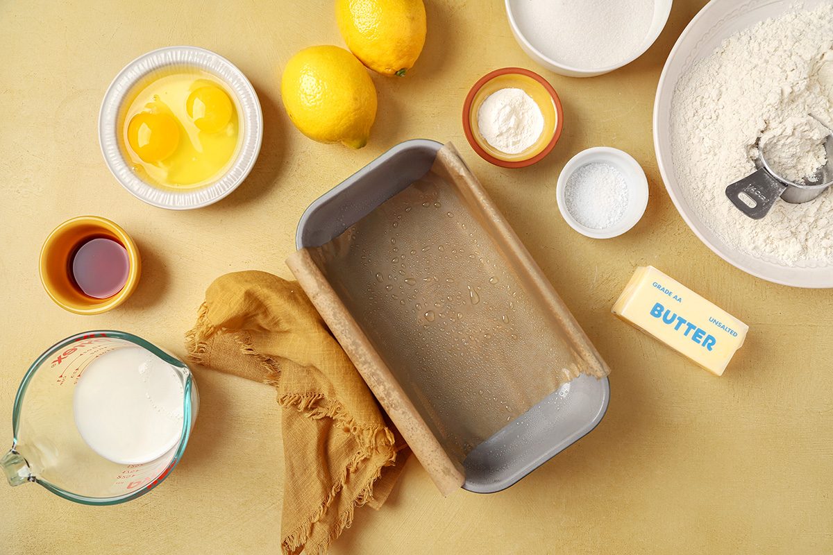 All the ingredients is on the table for the preparation and Loaf pan is greased and ready