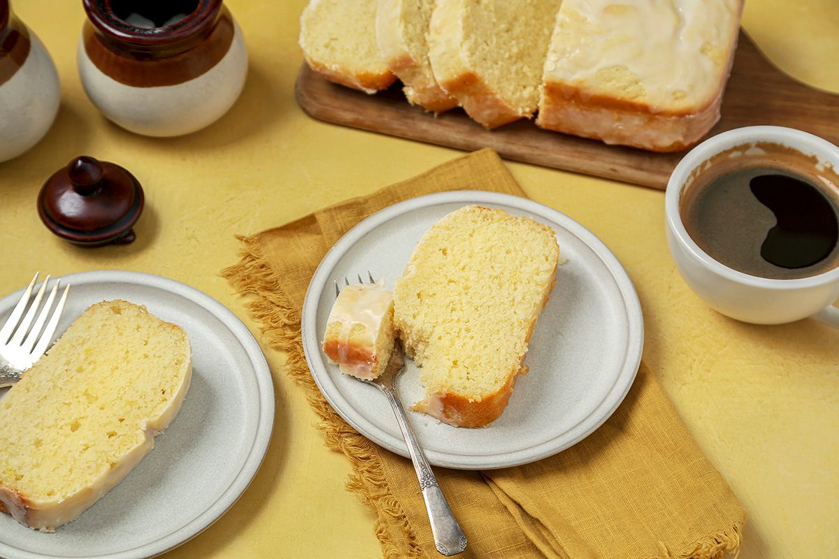 Cake sliced and served with coffee