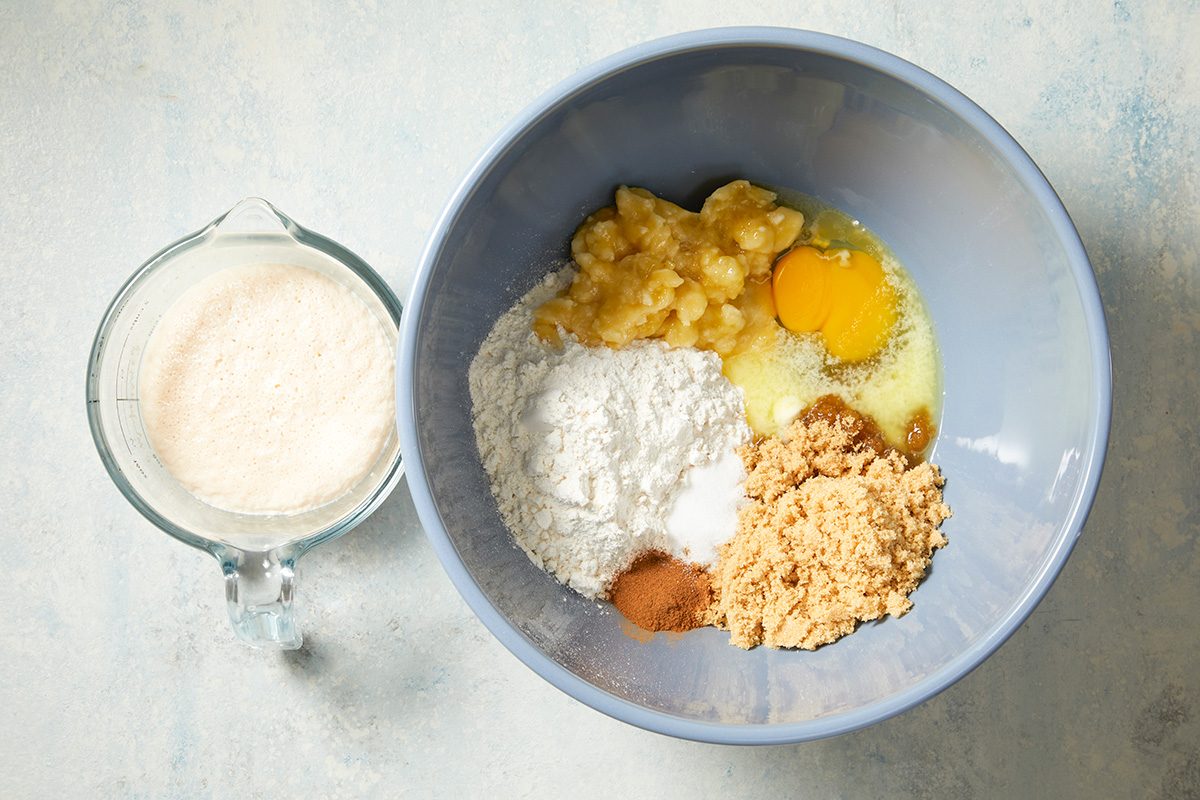 Overhead shot of a small bowl; dissolve yeast and 1 tablespoon brown sugar in warm milk