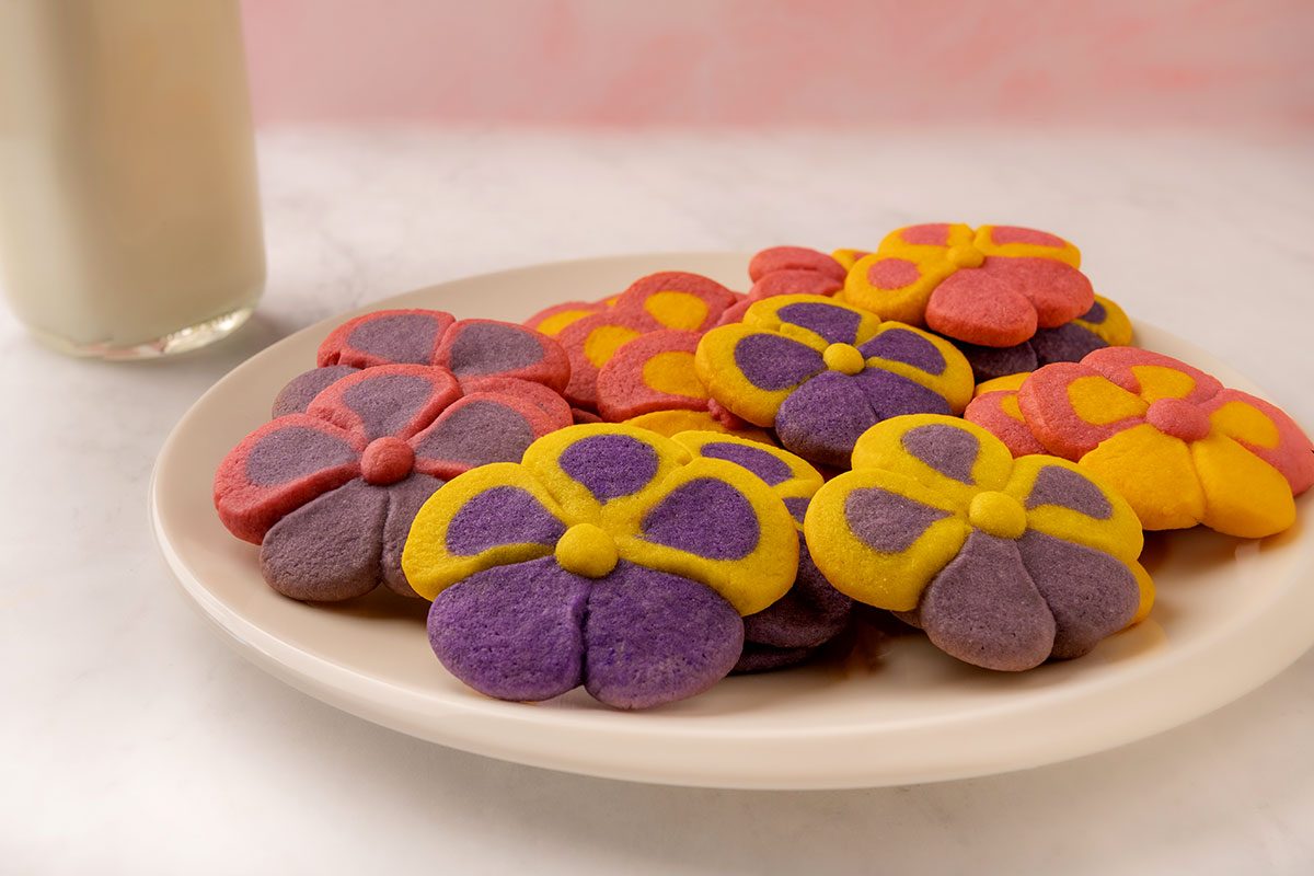 Low angle of pansy-shaped sugar cookies in purple, yellow, and red on a white plate, with a glass of milk in the background