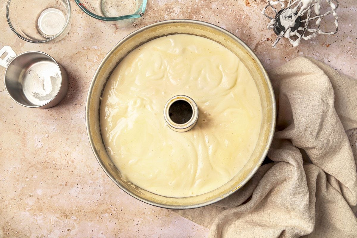 Gently spoon batter into an ungreased tube pan