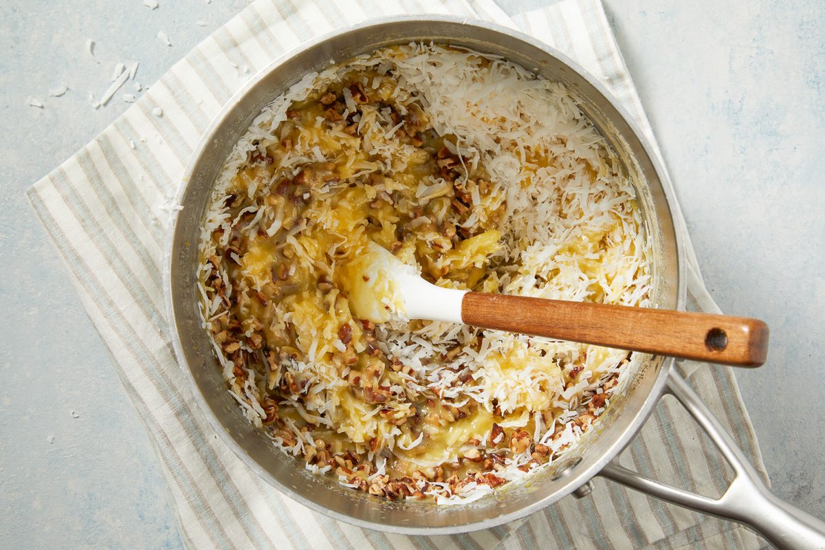coconut and pecans stirred into cream mixture