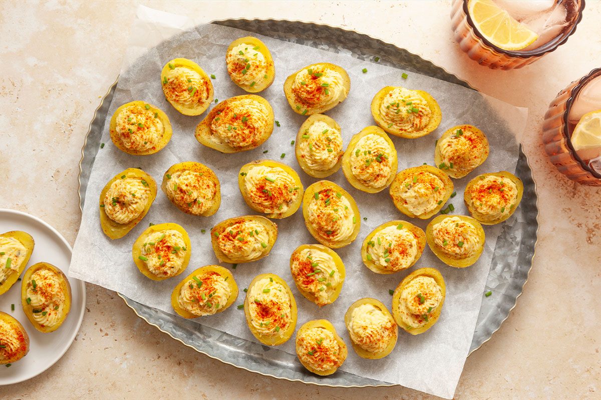 Deviled Potatoes In a tray accompanying with drinks, ready to serve