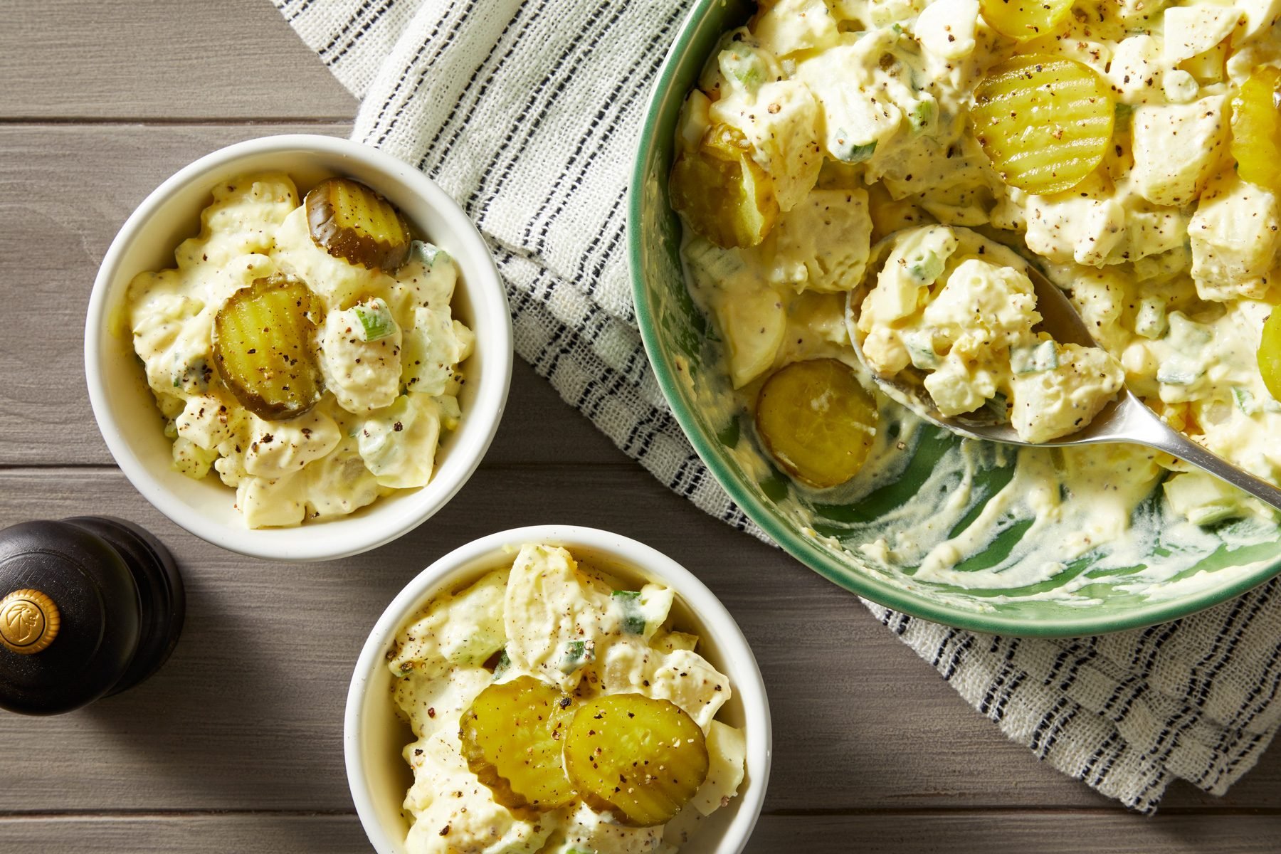 Overhead shot of Dill Pickle Potato Salad;