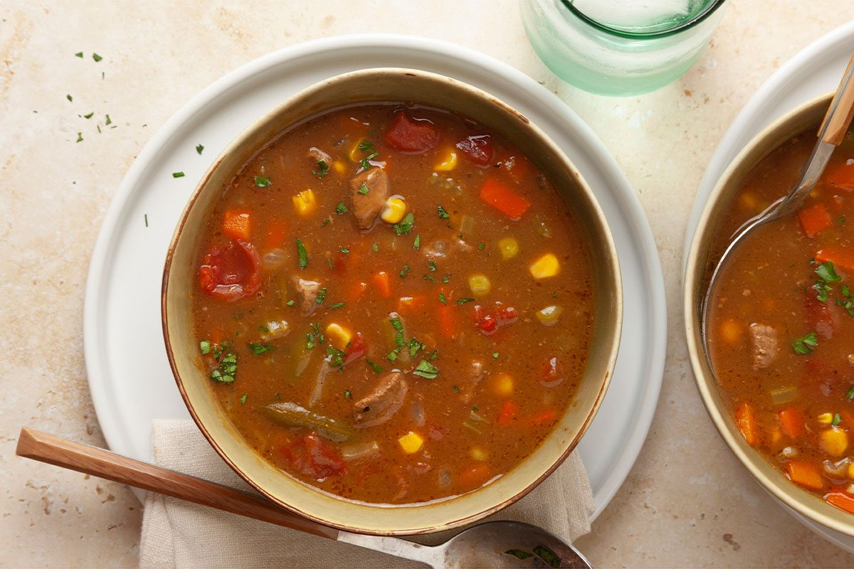 Bowl of Kansas City Steak Soup, ready to serve