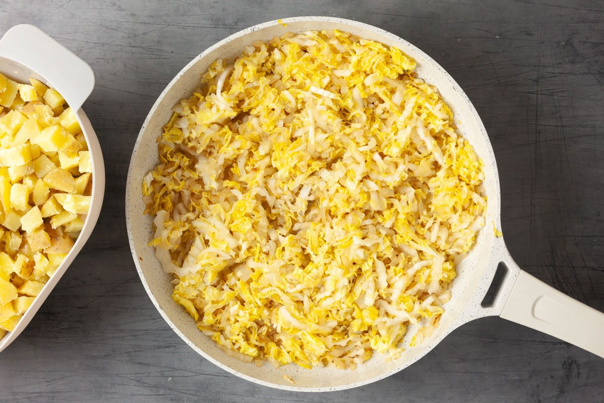 Mix in the cabbage, salt and pepper