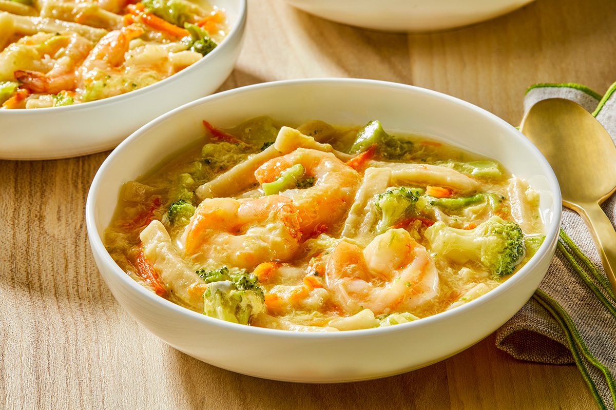 Pull shot of a bowl of Shrimp Egg Drop Soup