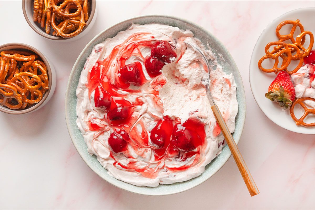 Strawberry Pretzel Salad Dip served ready to eat