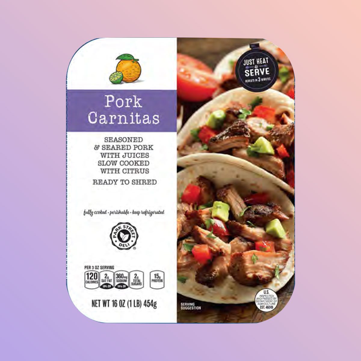 Pork Carnitas packaging front on gradient background