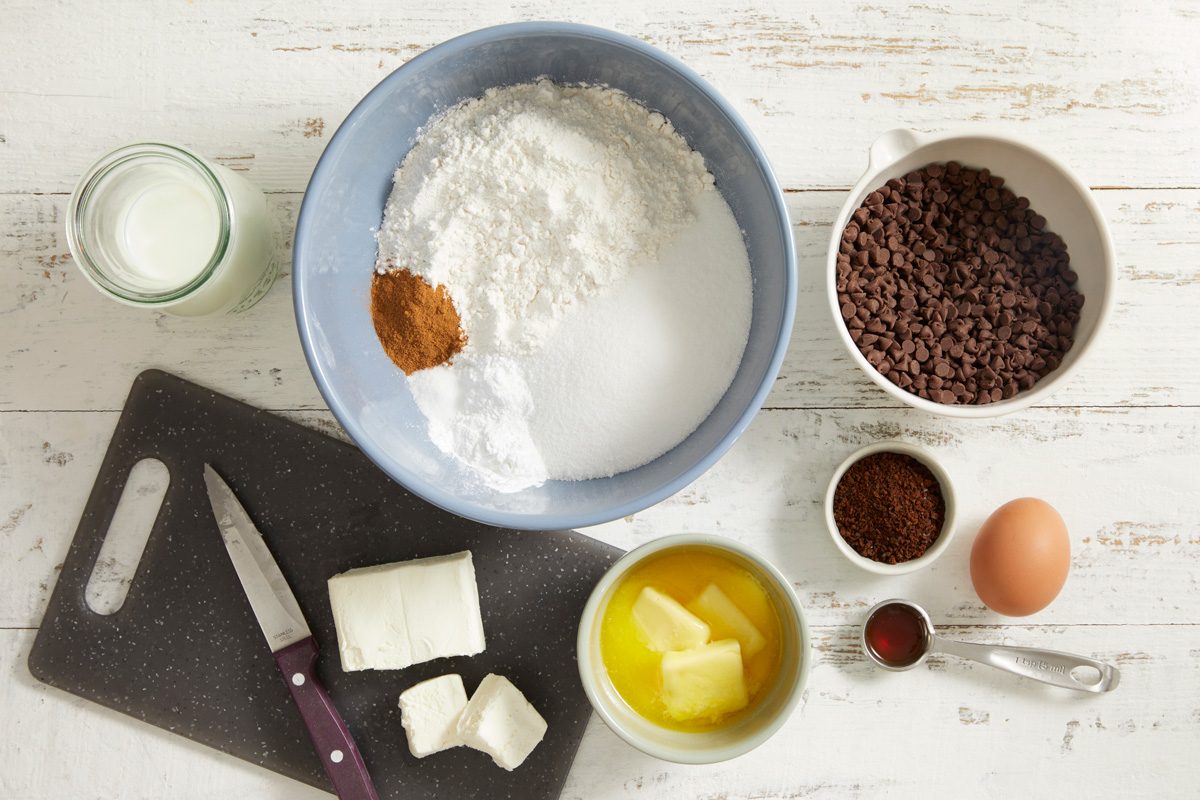 flour, sugar, baking powder, cinnamon, milk, butter, eggs, chocolate chips, espresso spread and coffee granules