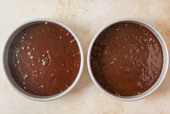 freshly prepared batter in two bake pan, ready to bake