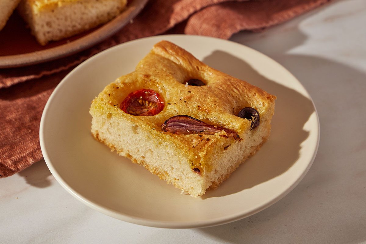 Focaccia served on a plate and ready to eat