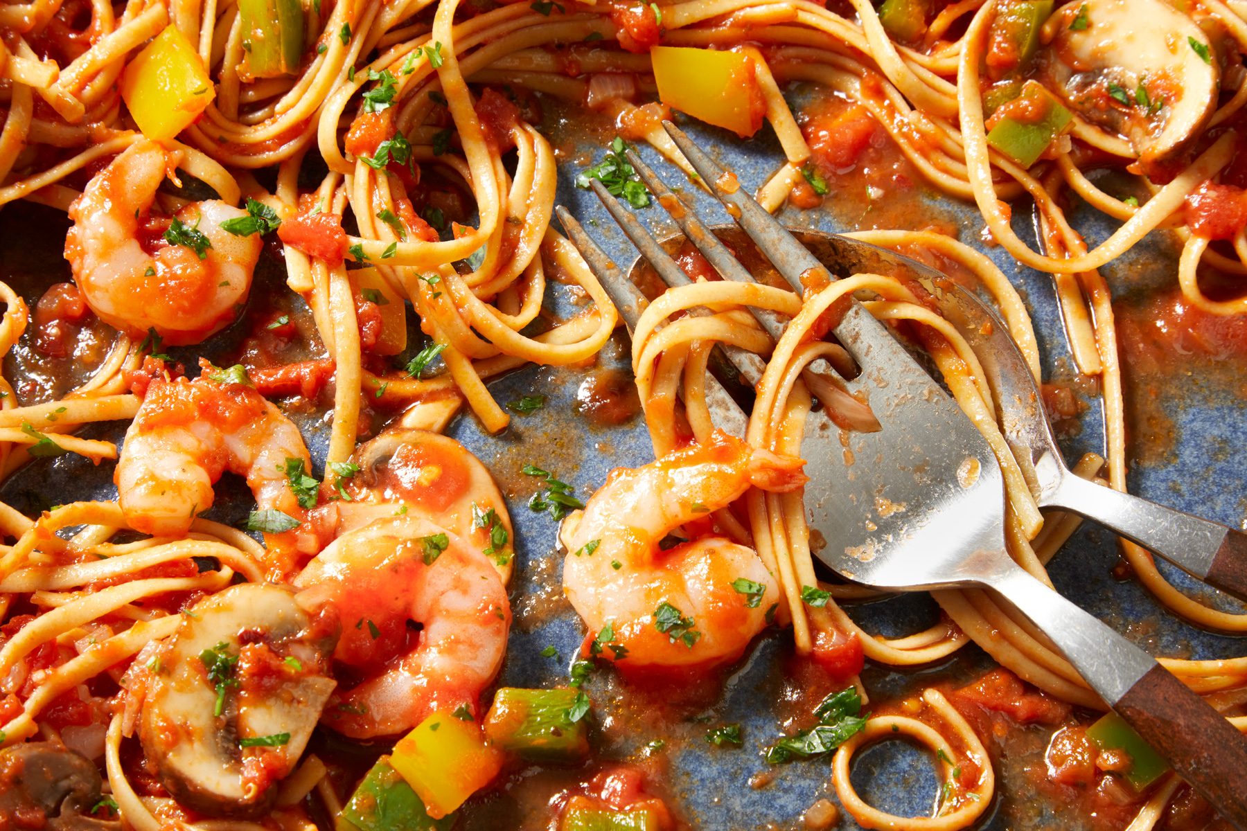Close up shot of Spicy Shrimp & Peppers with Pasta;