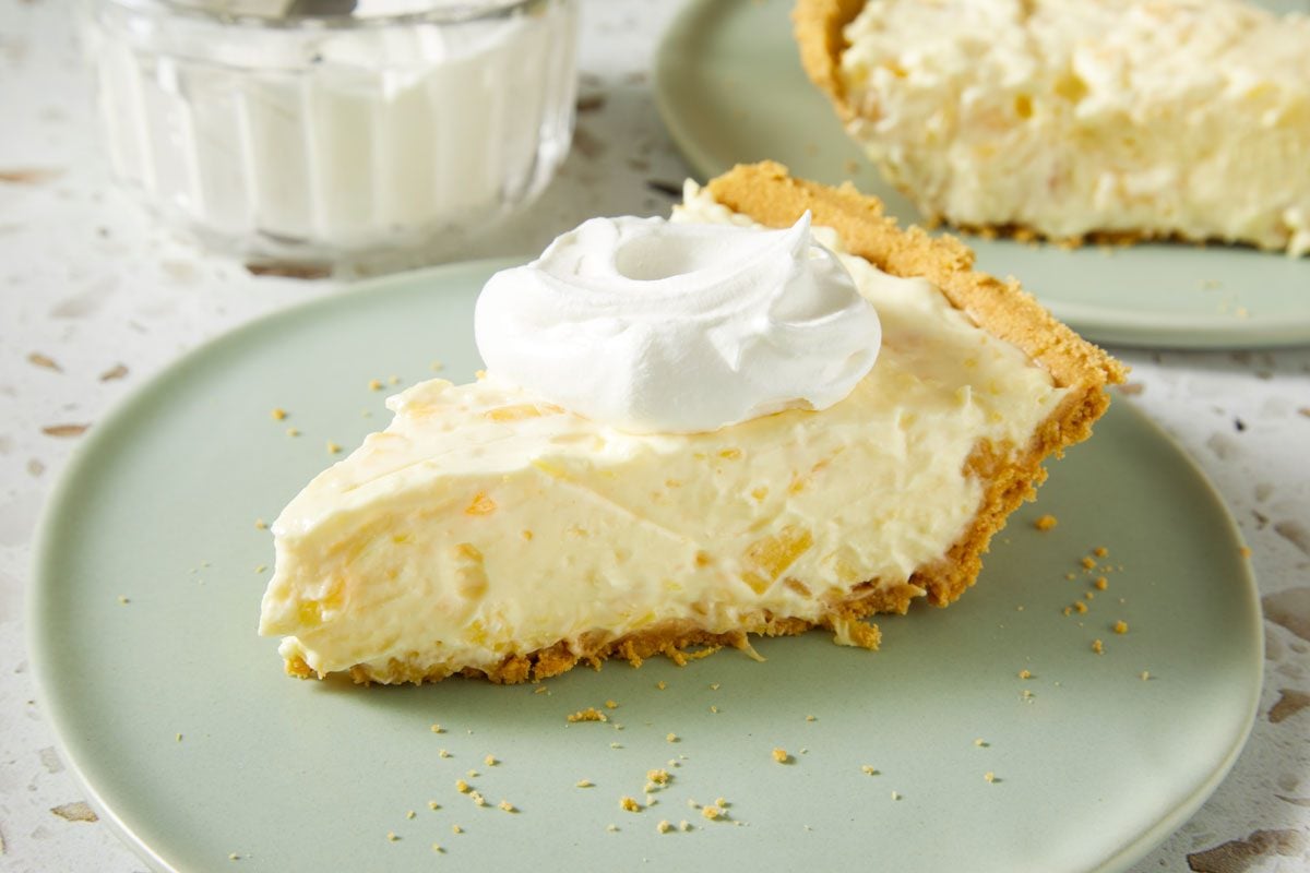 Close up shot of No-Bake Pineapple Sour Cream Pie;