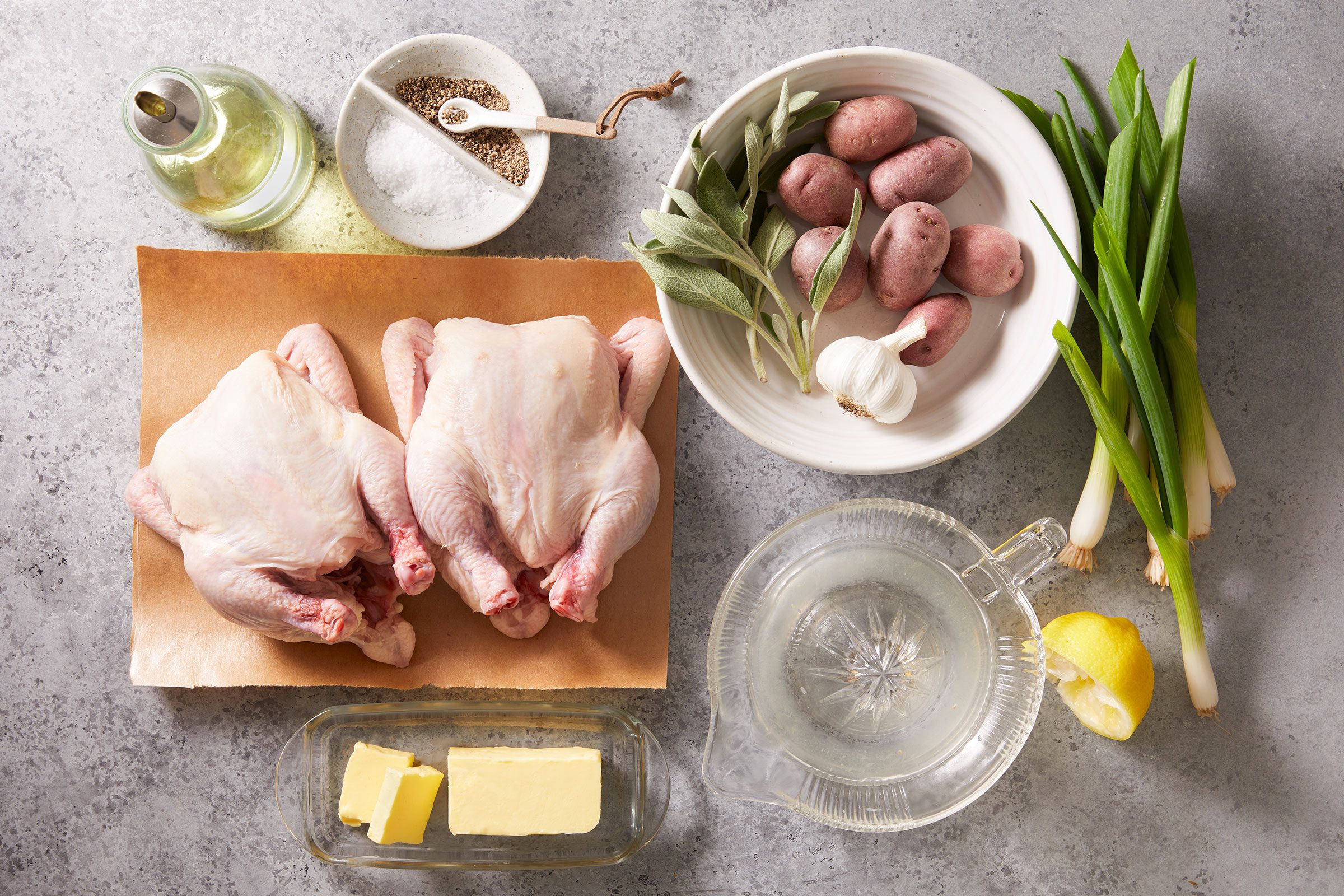 Ingredients for Roasted Cornish Game Hen recipe on the counter