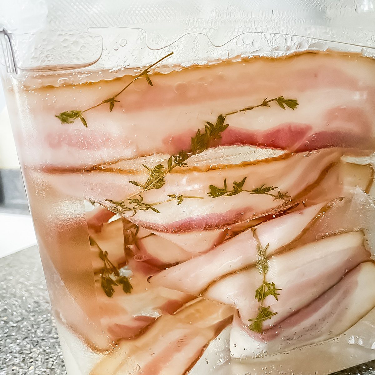Several strips of raw pork belly are submerged in a clear brine with sprigs of fresh thyme, inside a transparent container on a countertop.