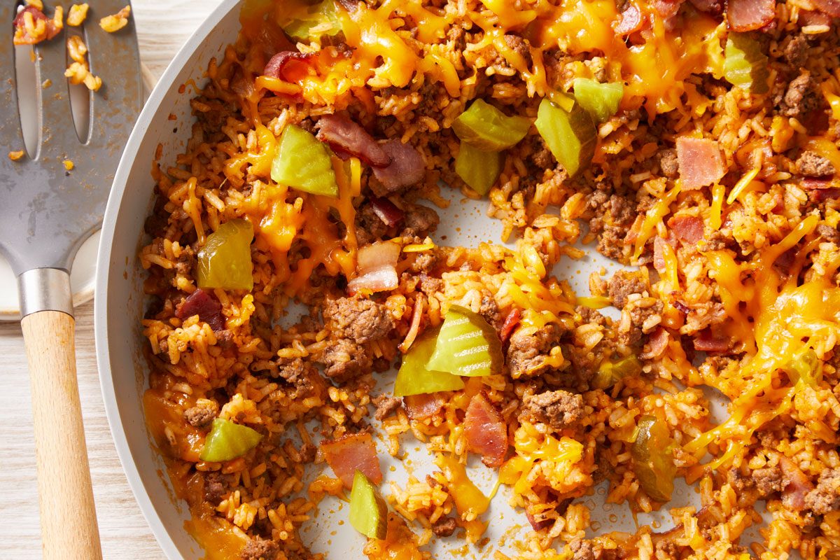 Overhead close-up shot of Bacon Cheeseburger Rice;