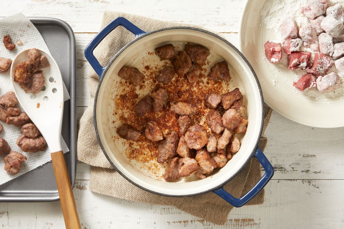 In a large bowl, combine 4 tablespoons flour , salt and pepper. Add beef, a few pieces at a time, and toss to coat.