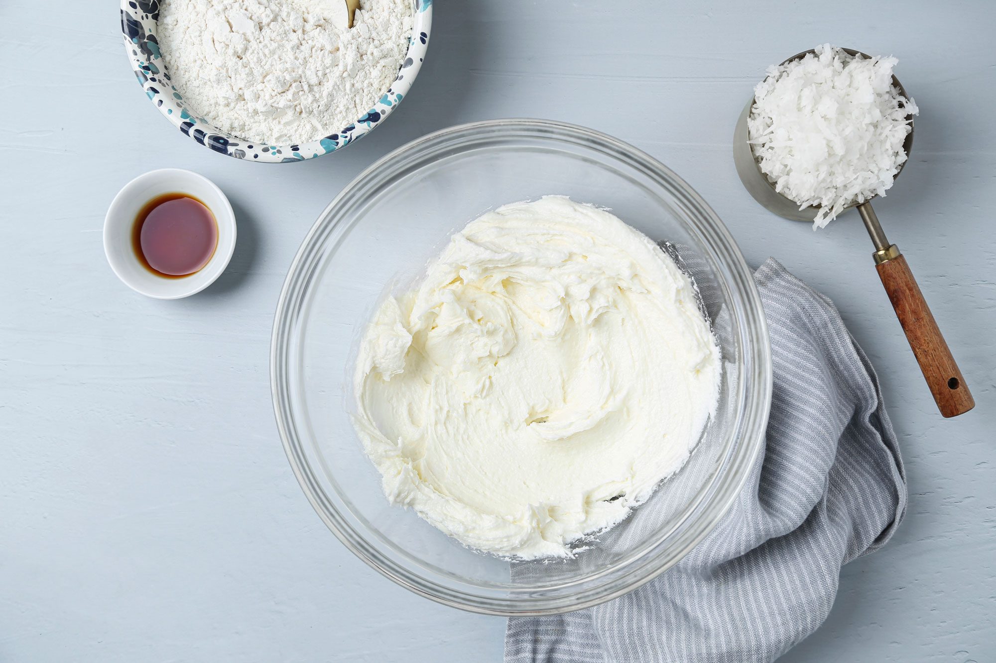 In a large bowl beat cream butter and sugar until light and fluffy