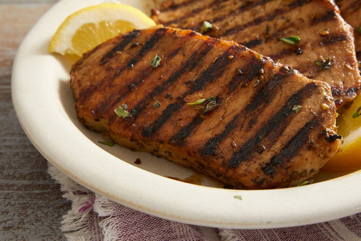 Close up shot of Greek Pork Chops;