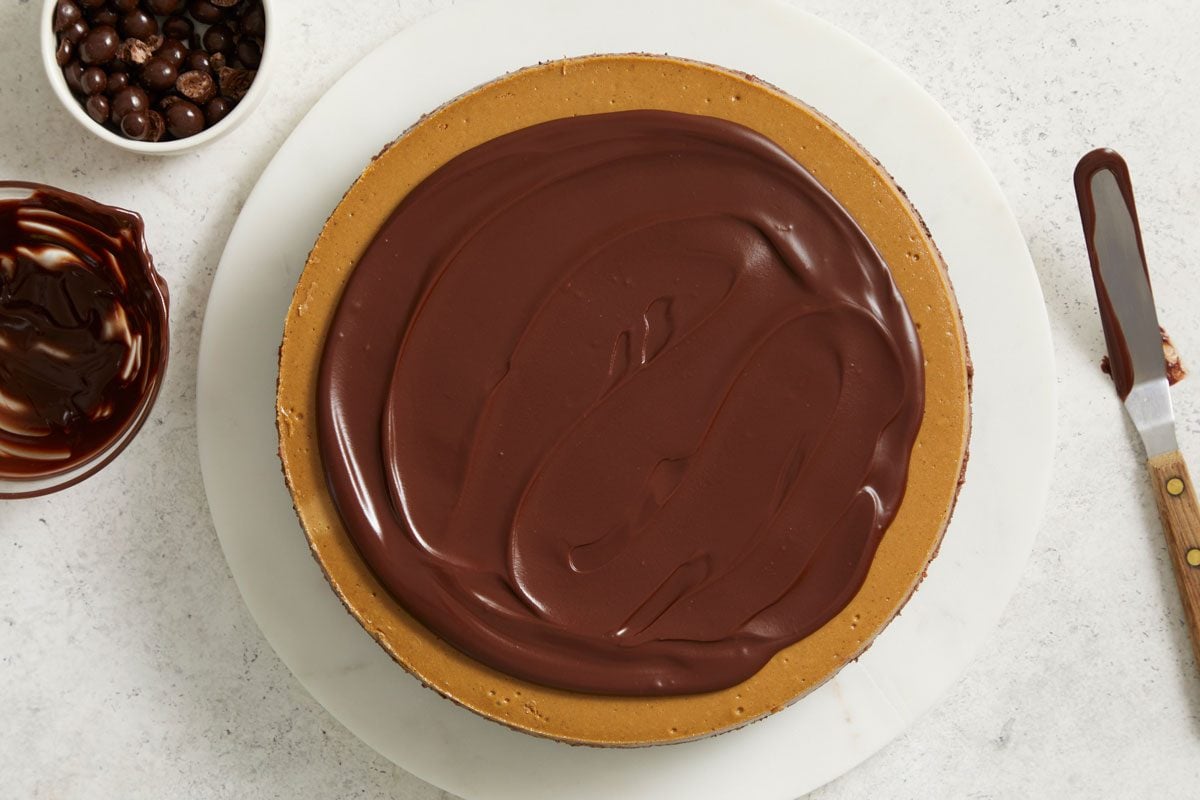Spread melted chocolate over cheesecake.