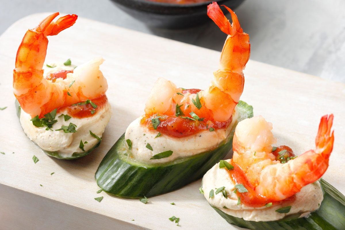 close-up shot of Shrimp And Cucumber Canapes