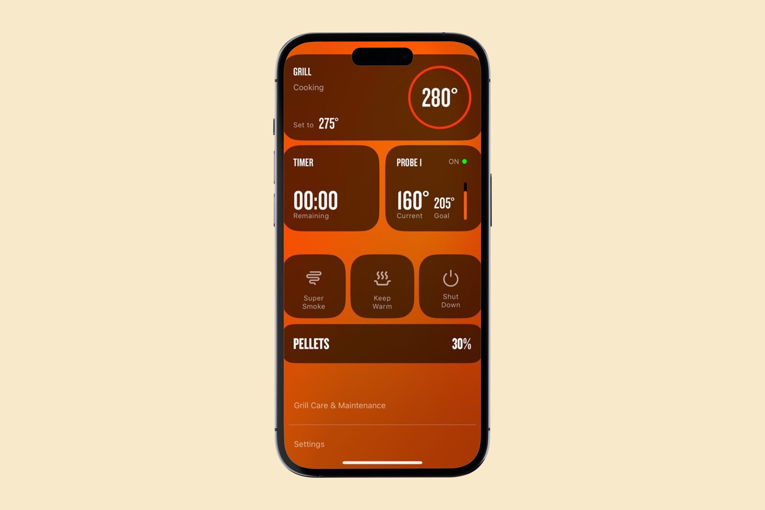 A smartphone displaying a grilling app interface with orange tones, showing grill temperature at 280°F, timer at 00:00, probe temperature at 160°F, and various control options below.