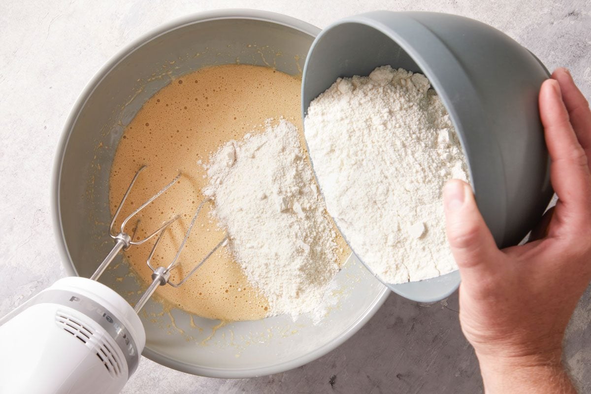 whisk flours, baking powder and salt;