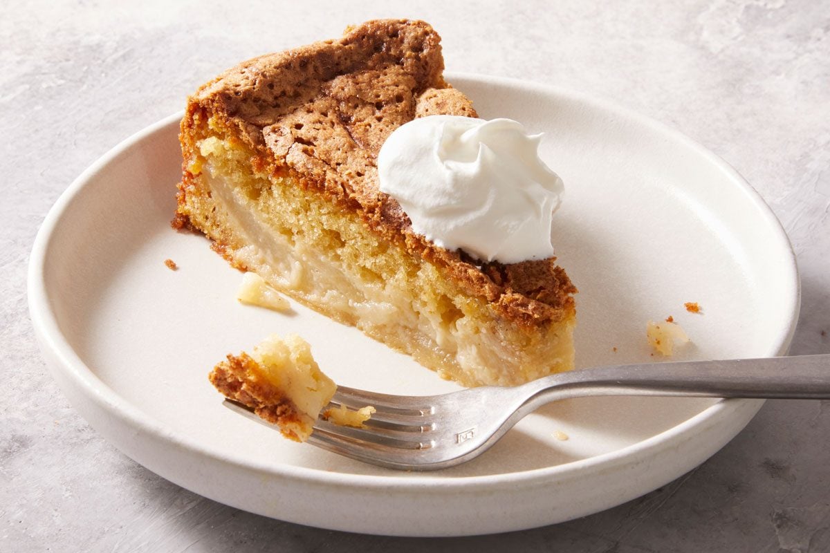 Close up shot of Pear Olive Oil Cake;