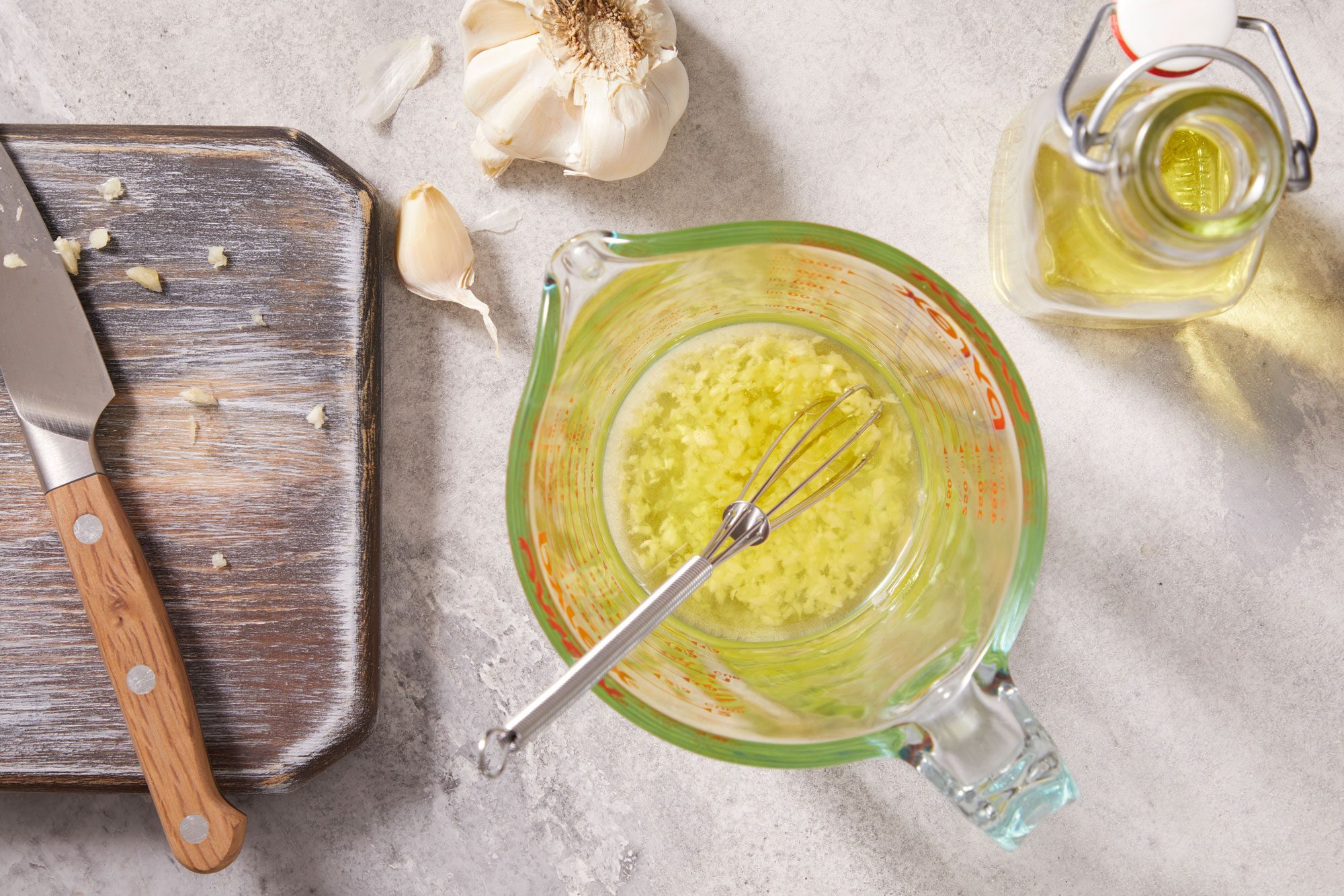 Overhead shot of olive oil and garlic