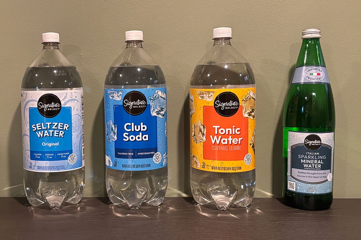 Bottles of Seltzer Water, Club Soda, Tonic Water and Sparkling Water on a table
