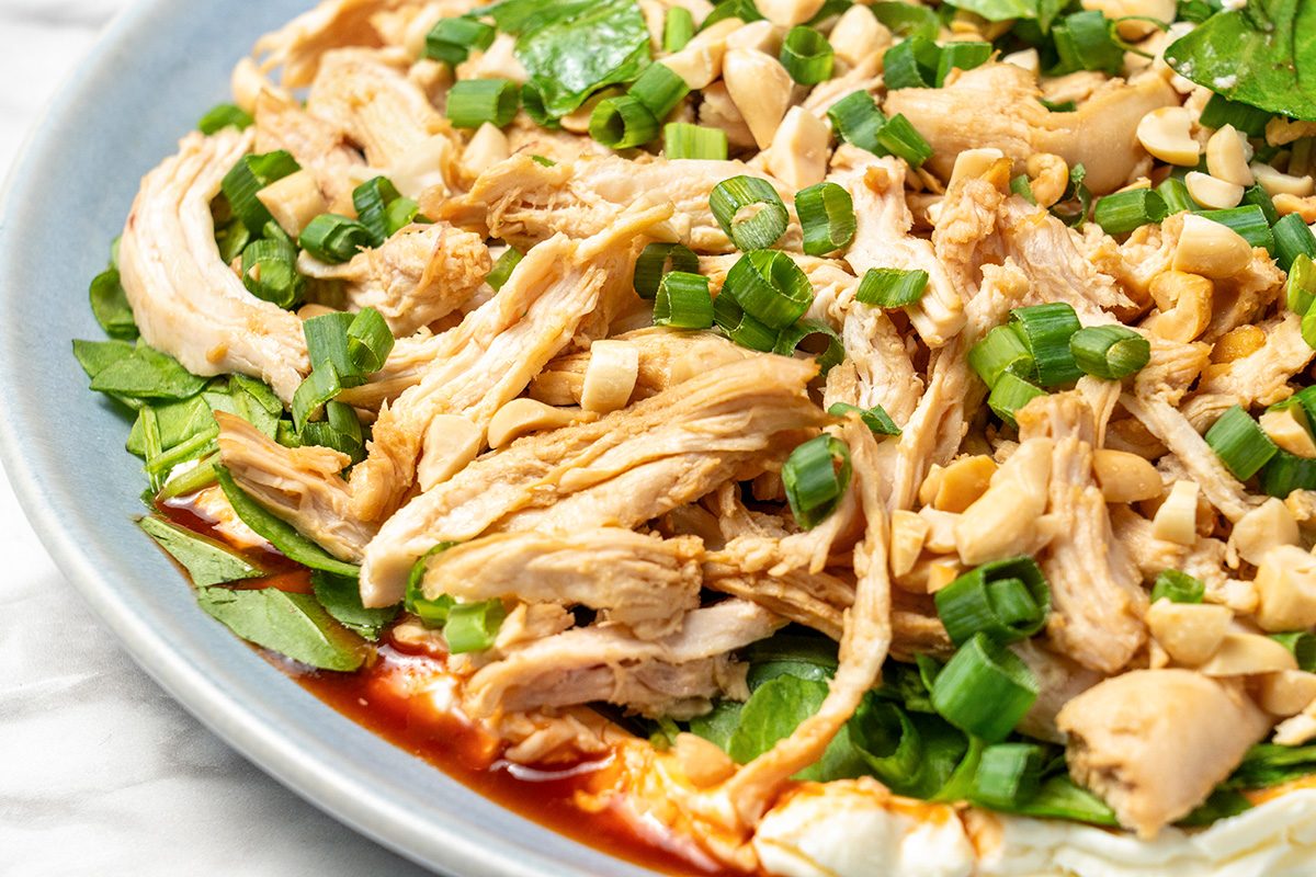 A close-up of a plate of shredded chicken topped with chopped green onions, peanuts, and leafy greens, served with a brown sauce.