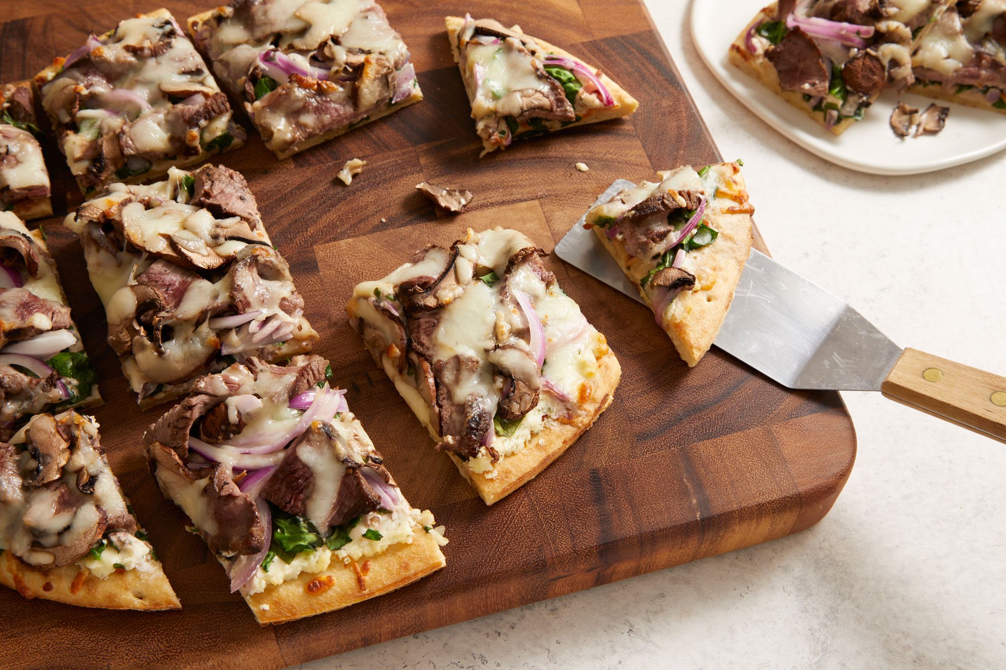 High angle shot of Garlic & Herb Steak Pizza