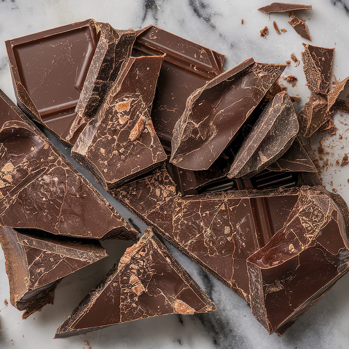 a marble surface with chunks and shavings of dark chocolate