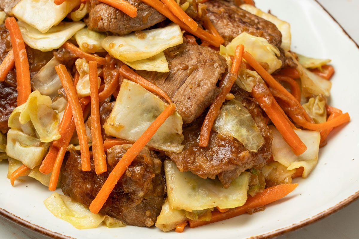 Close up shot of Asian Pork Cabbage Stir-Fry;