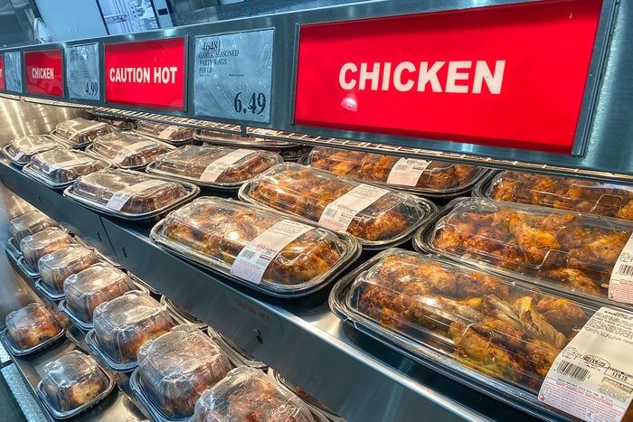 Fully stocked Rotisserie Chicken display at Costco