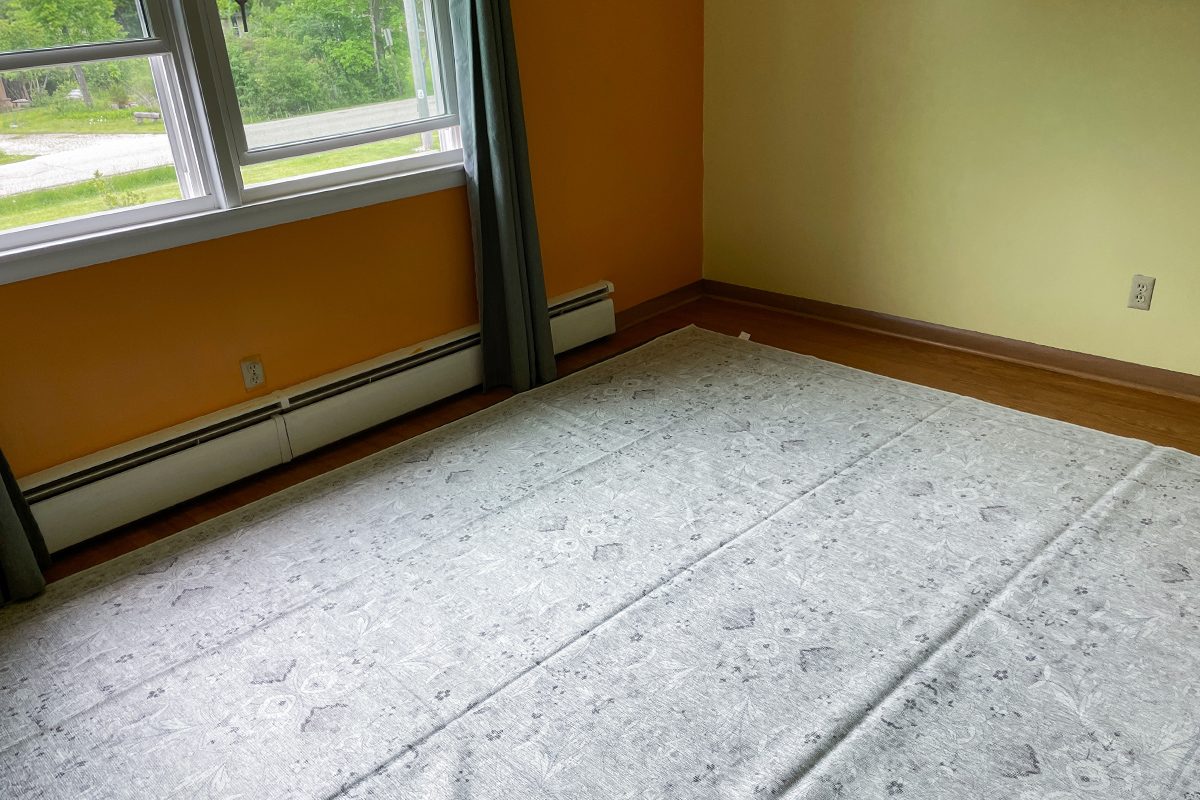A sparsely furnished room with yellow and orange walls, a large window with gray curtains, and a patterned area rug covering most of the wooden floor. A baseboard heater runs along the wall under the window.