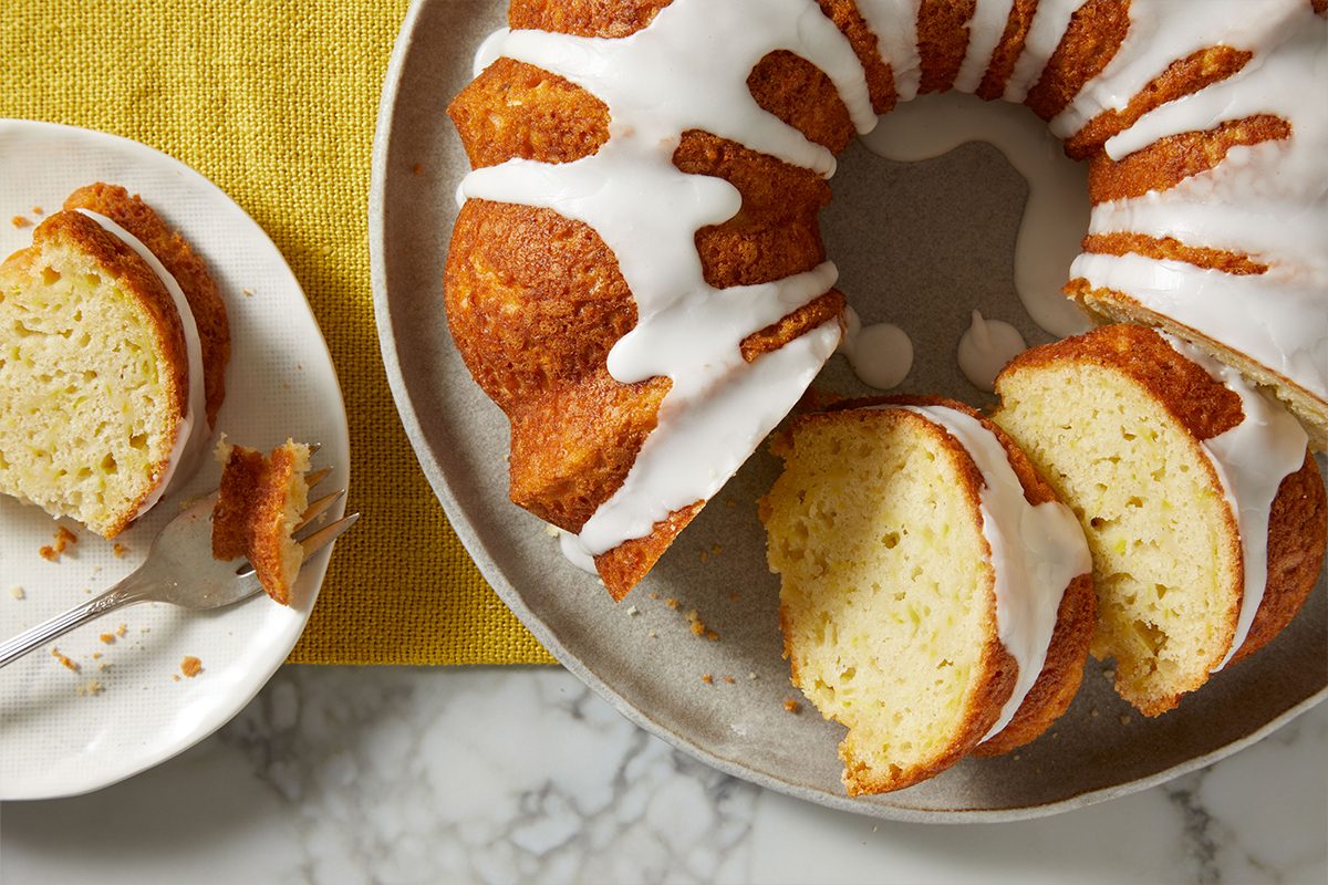 Yellow Squash Cake pieces on a plate overhead shot