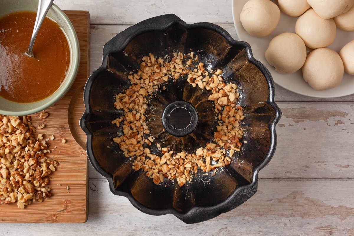 walnuts sprinkled into a greased 10-inch fluted tube pan