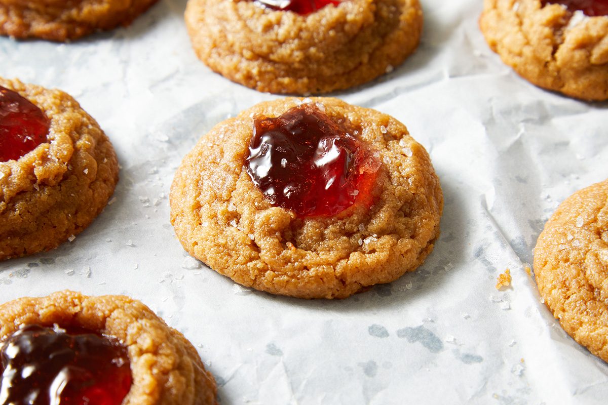 Close up shot of freshly baked Flourless Peanut Butter and Jelly Cookies