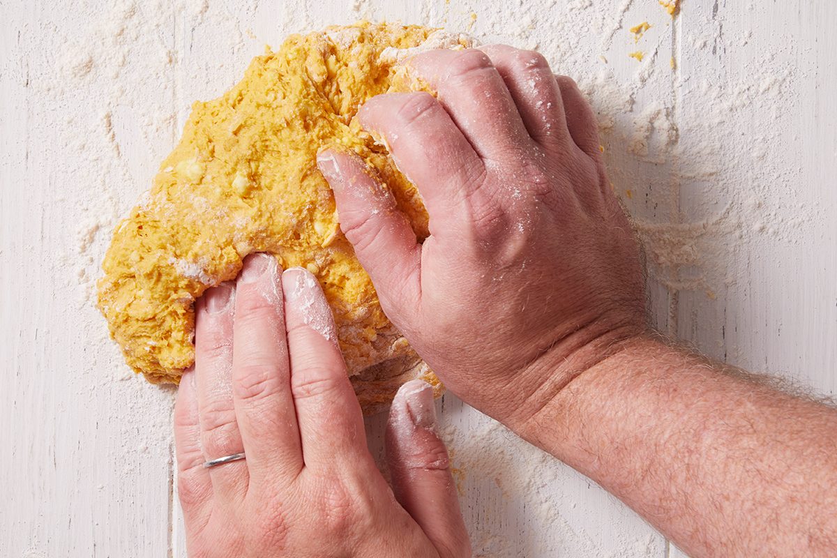 Kneading dough for Pumpkin Biscuits