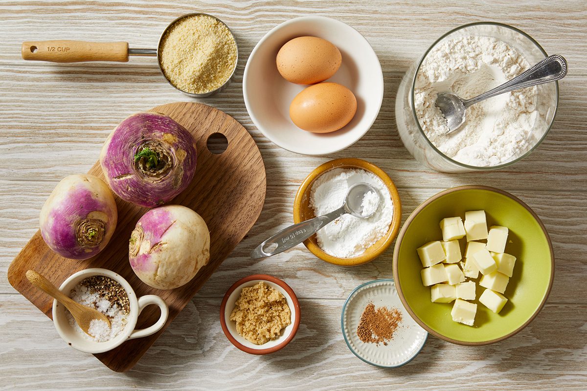 Overhead shot of a wooden surface with raw ingredients