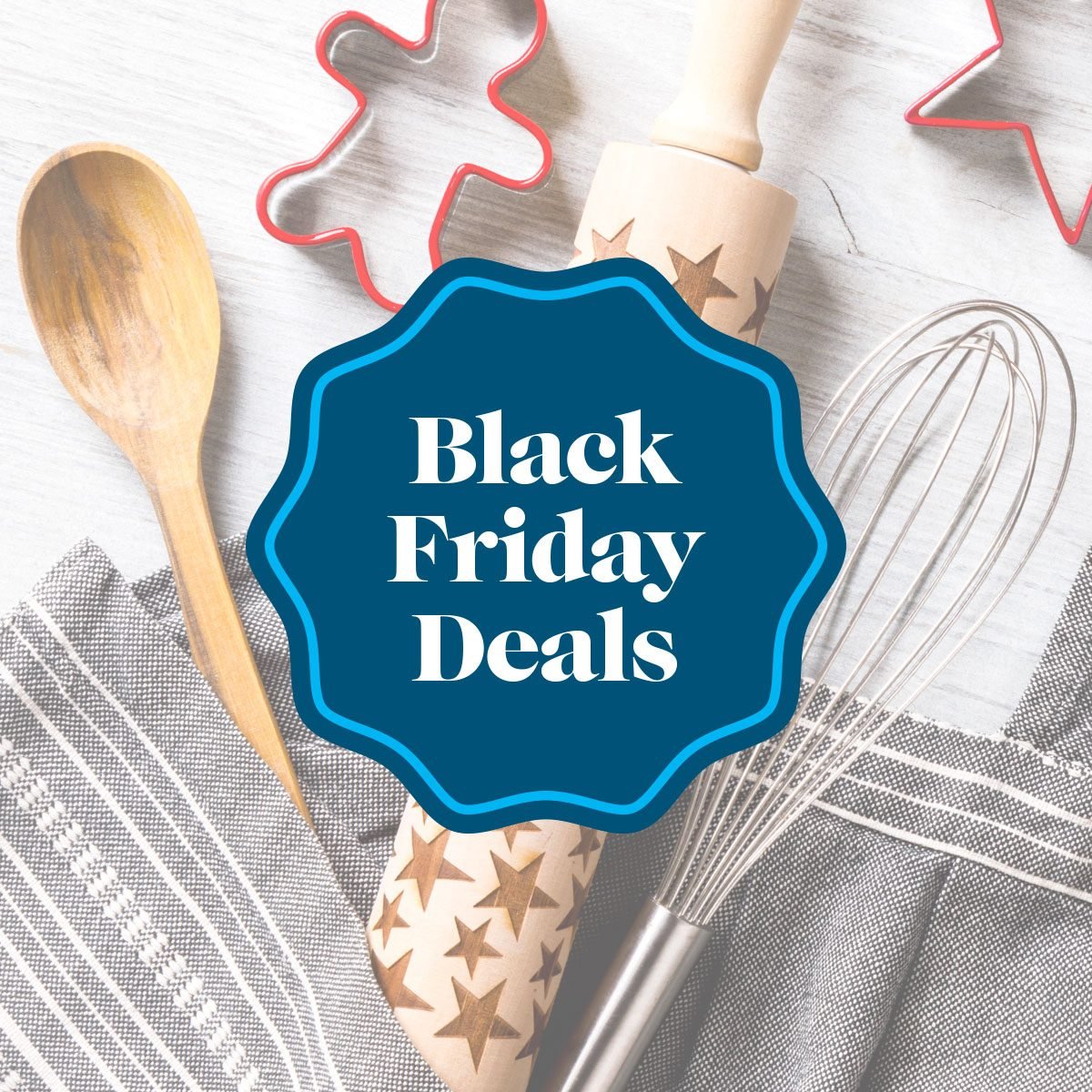 Black Friday Deals text over a background of baking items on a kitchen counter