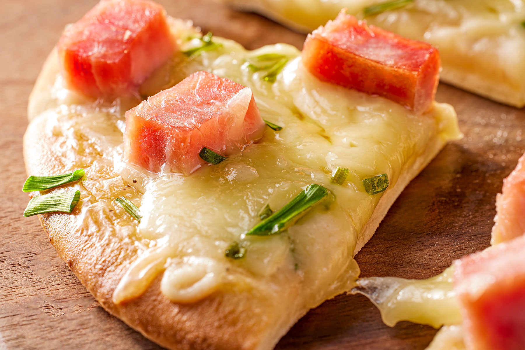 A slice of baked Pita Bread Pizza zoomed in shot.