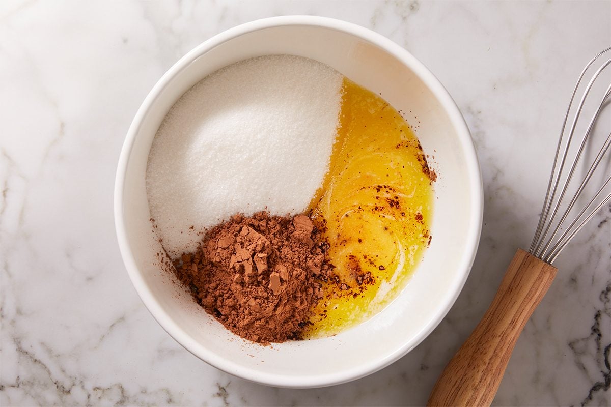 melted and cooled butter, granulated sugar and cocoa powder