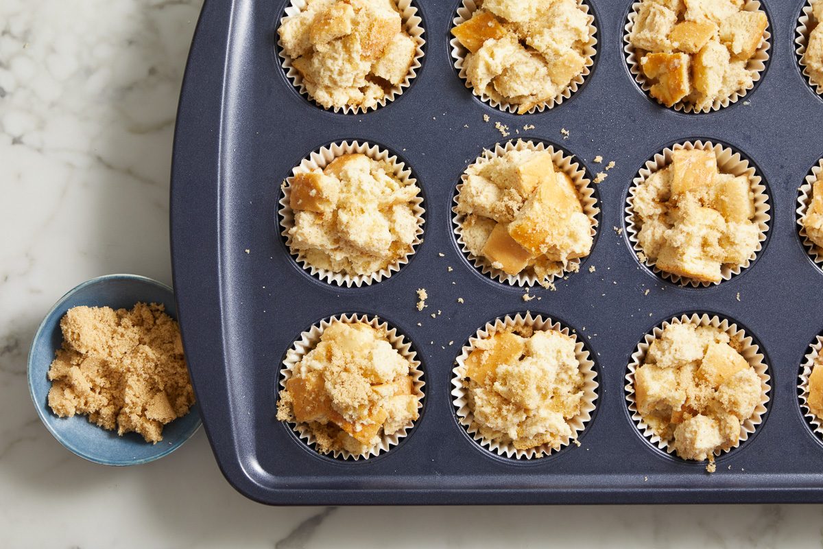 brown sugar next to French toast mixture in muffin cups